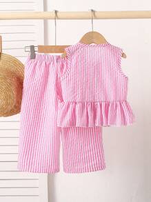 SHEIN Playful Pals 2pcs/Pack Infant/Toddler Girls Spring/Summer Casual Sweet Daily Holiday Striped Woven Sleeveless Tank Top And Wide Leg Pants 2 Pieces Outfit Set, 0-3 Years Old - Pink - View 2