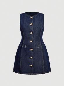 SHEIN MOD MOD 大码女式夏季单排扣圆领无袖休闲牛仔连衣裙 - 深色水洗藍 - 查看 1