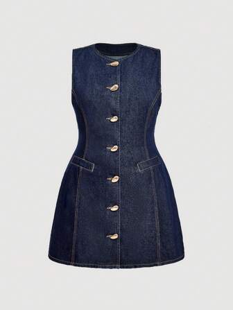 SHEIN MOD Vestido vaquero casual de mujer talla grande de verano, de cuello redondo y sin mangas, de un solo pecho, estilo MOD