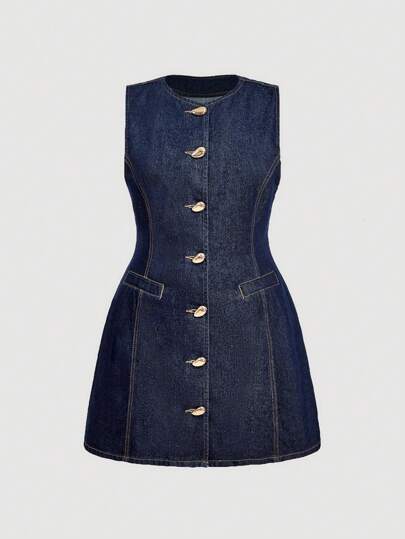 SHEIN MOD Vestido vaquero casual de mujer talla grande de verano, de cuello redondo y sin mangas, de un solo pecho, estilo MOD