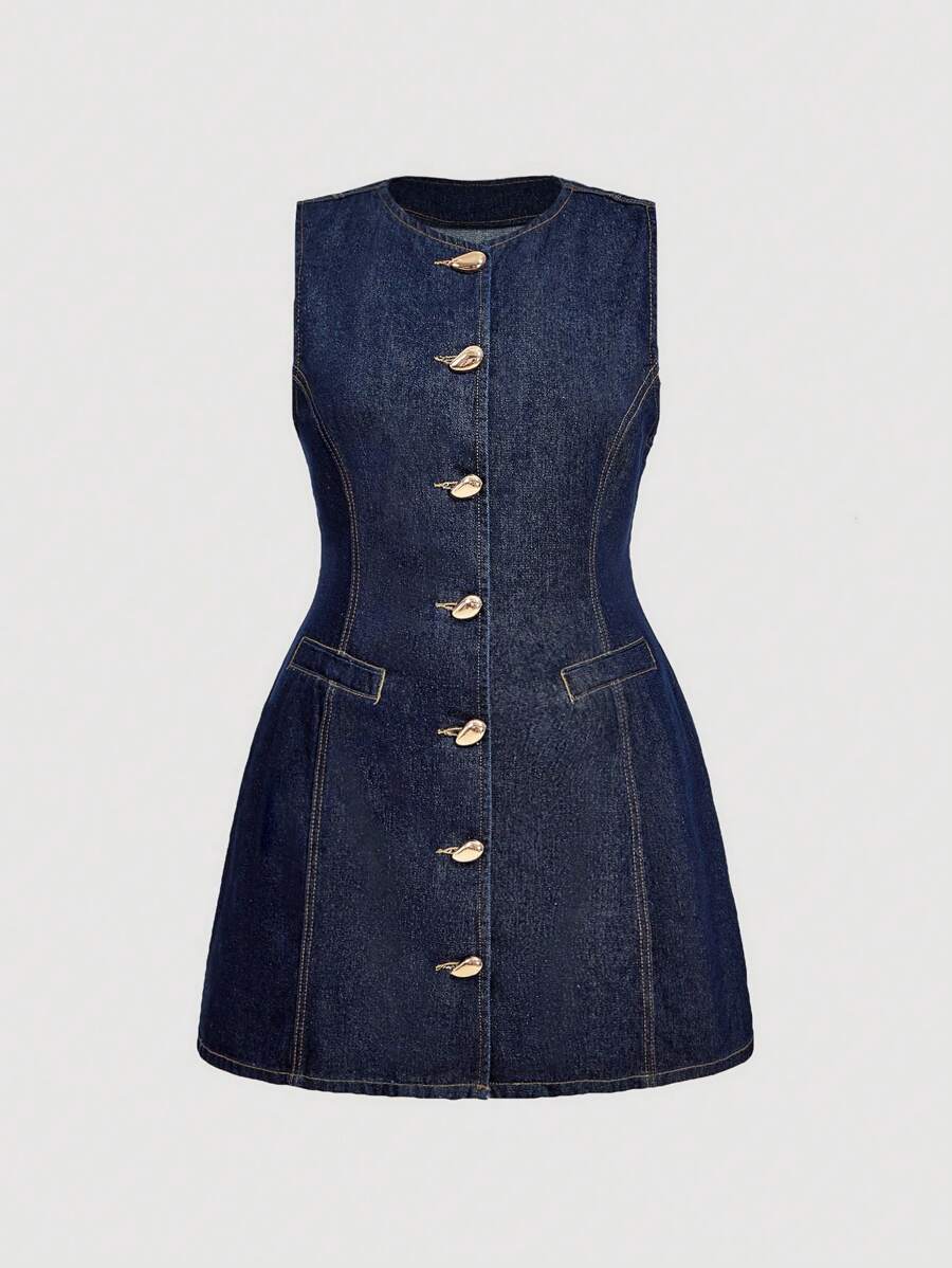 SHEIN MOD MOD 大码女式夏季单排扣圆领无袖休闲牛仔连衣裙 - 深色水洗藍 - 查看 1