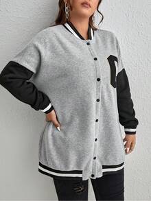 Muchica Plus Letter Patched Striped Trim Drop Shoulder Varsity Jacket Winter Fall Autumn - Light Grey - View 11