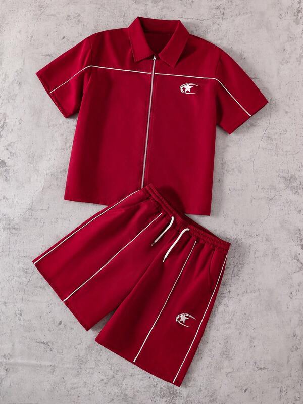 Conjunto de 2 piezas para niños adolescentes con camiseta roja y pantalones cortos, camiseta de cuello de tripulación con cremallera emparejada con pantalones cortos rojos a juego, atuendo casual de estilo callejero adecuado para baile callejero, deportes, salidas y varias ocasiones, de tela tejida suave y cómoda