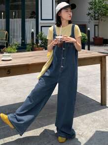 DAZY Women's Casual Washed Loose Korean Style Denim Bib Pants And Jumpsuit, Summer,Back To School Clothes - Blue - View 2