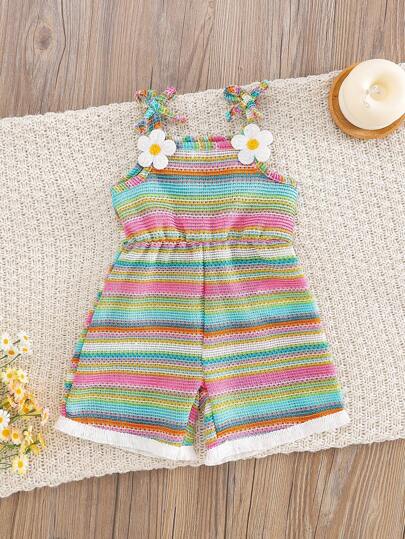 SHEIN Vintaside Kids 1 件装女婴无袖连体衣，3D 花卉细节设计，高腰，面料柔软舒适，彩虹条纹复古花卉蕾丝连体裤，百搭时尚，适合海滩、旅行、日常穿着，夏季新品