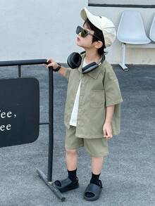 Young Boys Summer Casual Street Japanese And Korean Loose Fit Black Shirt With Workwear Shorts 2 Pieces Set,Back To School Kids Fashion Outfit - Mint Green - View 4