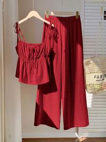 Comfortcana 夏季亚麻栗色背心和长裤套装 - 玫瑰紅 - 查看 4