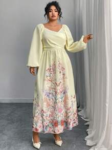 Modelyn Plus Size Women Long Sleeve Printed Dress - Yellow - View 3