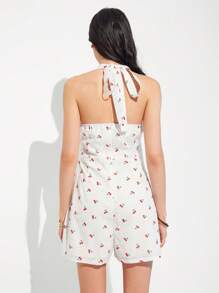 Roylia Fashionable Textured Cherry Print V-Neck Camisole Romper - White - View 2
