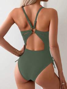 Swim Basics Women's Solid Color Minimalist One-Piece Swimsuit For Beach Vacation For Summer - Army Green - View 2