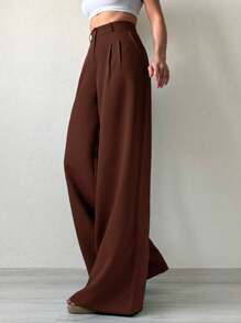 EURMUSE Solid Color Pleated Wide-Leg Suit Pants - Brown - View 3