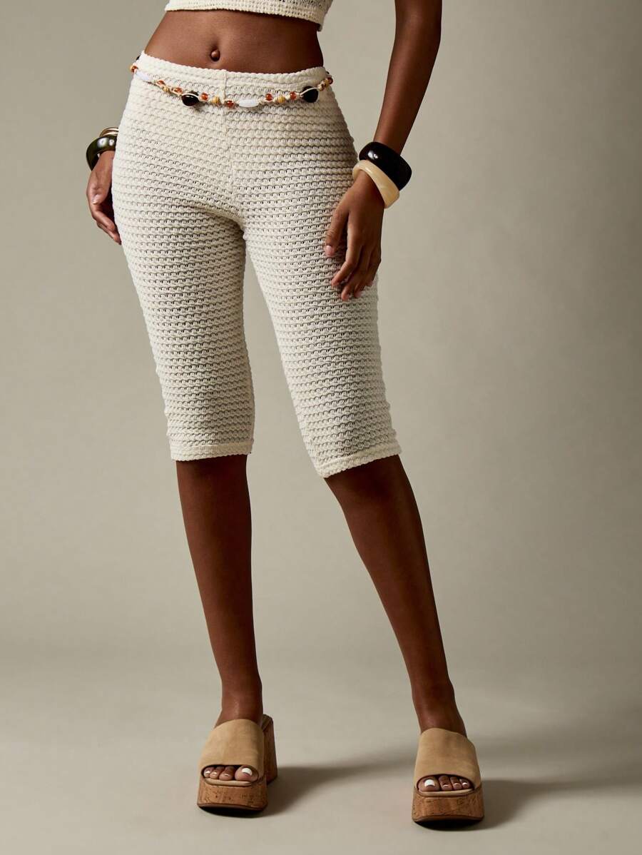 MISSGUIDED High Rise Knit Biker Shorts Athletic Waist Textured Capri Length Stretch Yoga Bottoms Summer Festival Casual Sport Pants - White - View 1