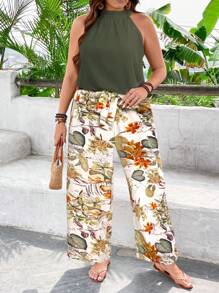 Breezaya Plus Size Solid Color Sleeveless Top & Long Pants 2 Pieces Set, Fashionable For Summer