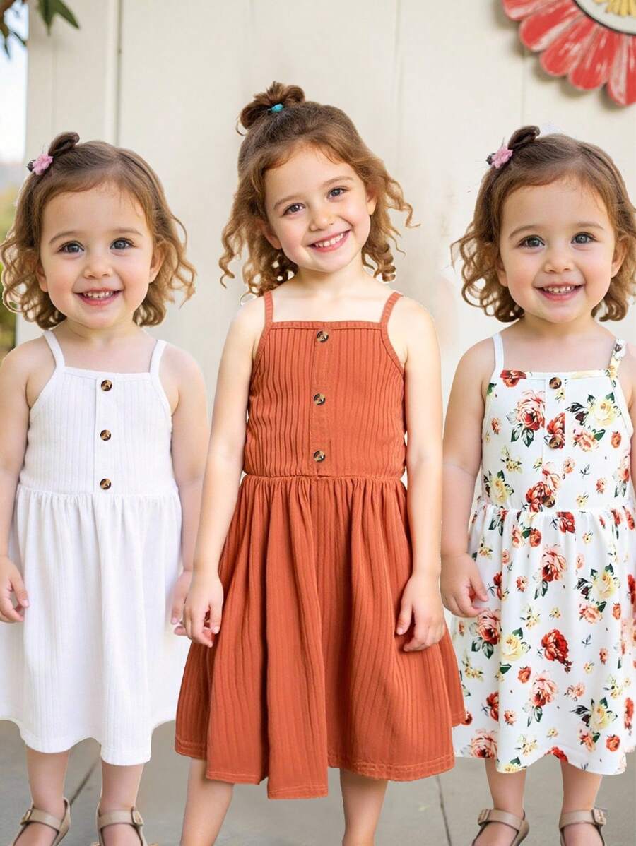 Young Girl 3pcs/Set Buy 1 Get 2 Free Mommy & Me Matching Ditsy Floral & Solid Color Vacation/Travel Dresses - Multicolor - View 1