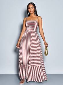 SOLERSUN 女式飘逸条纹长裙，带肩带、口袋、胸部收褶，适合度假、海滩、通勤、日常休闲装，优雅（随机花朵图案） - 棕色 - 查看 4