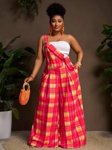 Slaydiva Plus Size Women Casual & Sweet Loose Belted Wide Leg Jumpsuit - B