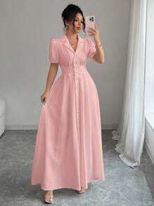 Elenzga Women's Solid Color Lapel Neck Short Puff Sleeve Single-Breasted Shirt Dress, Summer - Baby Pink - View 7