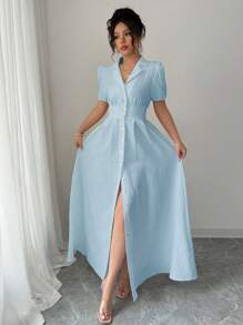 Elenzga Đầm sơ mi tay bồng cổ ve màu trơn mùa hè cỡ lớn cho nữ - Màu xanh lam - Xem 4
