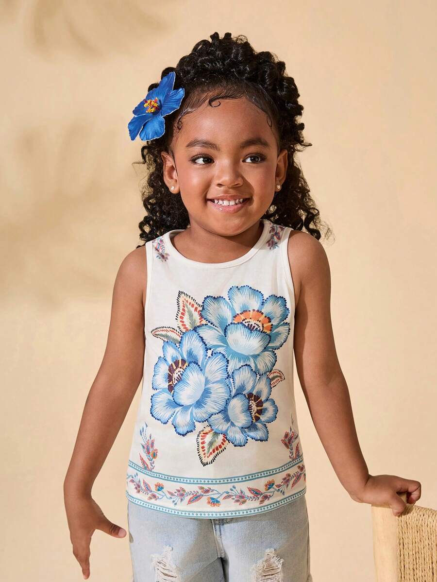 SHEIN Young Girl Fitted Ditsy Floral Crew Neck Casual Vacation Knit Tank Top - White - View 1