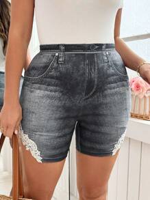 SHEIN Clasi Pantalones cortos de ciclista informales de talla grande para mujer con estampado de encaje falso de mezclilla, para verano