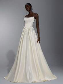 Elitara Elegante vestido sin mangas de satén color beige con escote de halter, cintura baja minimalista con abertura, cintura al estilo "basque", decoración de perlas y silueta evasé súper amplia. Con lazo ajustable en la espalda, adecuado para citas, vacaciones, cumpleaños, graduación, fiestas, bodas, galas formales, veladas, invitada de boda - Albaricoque - Ver 1