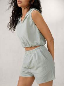 Hanevo Damen silbernes ärmelloses Top mit Kapuze & Shorts mit Gummibund - Silber - Übersicht 4