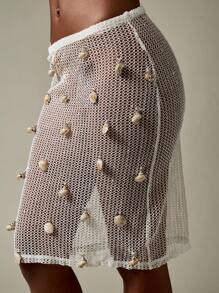 MISSGUIDED Strandüberwurf gestrickt mit Netzstoff, midi-länge, mit Bommel-details, Resort-trage, Urlaubs-Freizeitkleidung, Bademode, Lässig Poolside Sommer Sarong - Weiss - Übersicht 5