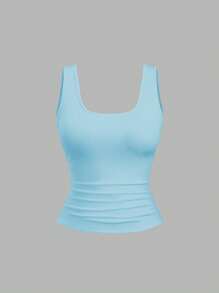 Sweetra Plus Size Women Summer Short Square Neck Pleated Casual Tank Top - Multicolor - View 3