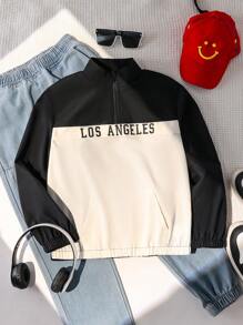 Tween Boy Contrast Color Half-Zip Up Casual Long Sleeve Jacket With Fashionable Letter Print - Black and White - View 7