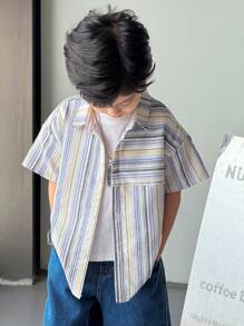 SHEIN Little Byeori 男童休闲条纹短袖衬衫 - 藍白色 - 查看 6