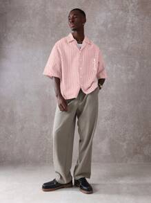 SUMWON Áo sơ mi sọc họa tiết ôm vừa vặn, cổ Revere, tay ngắn, cài nút, mặc đi du lịch mùa hè - Hồng - Xem 4