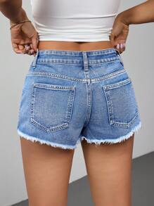 SHEIN ICON Shorts vaqueros de mujer con botones y bordes deshilachados, de estilo casual y veraniego