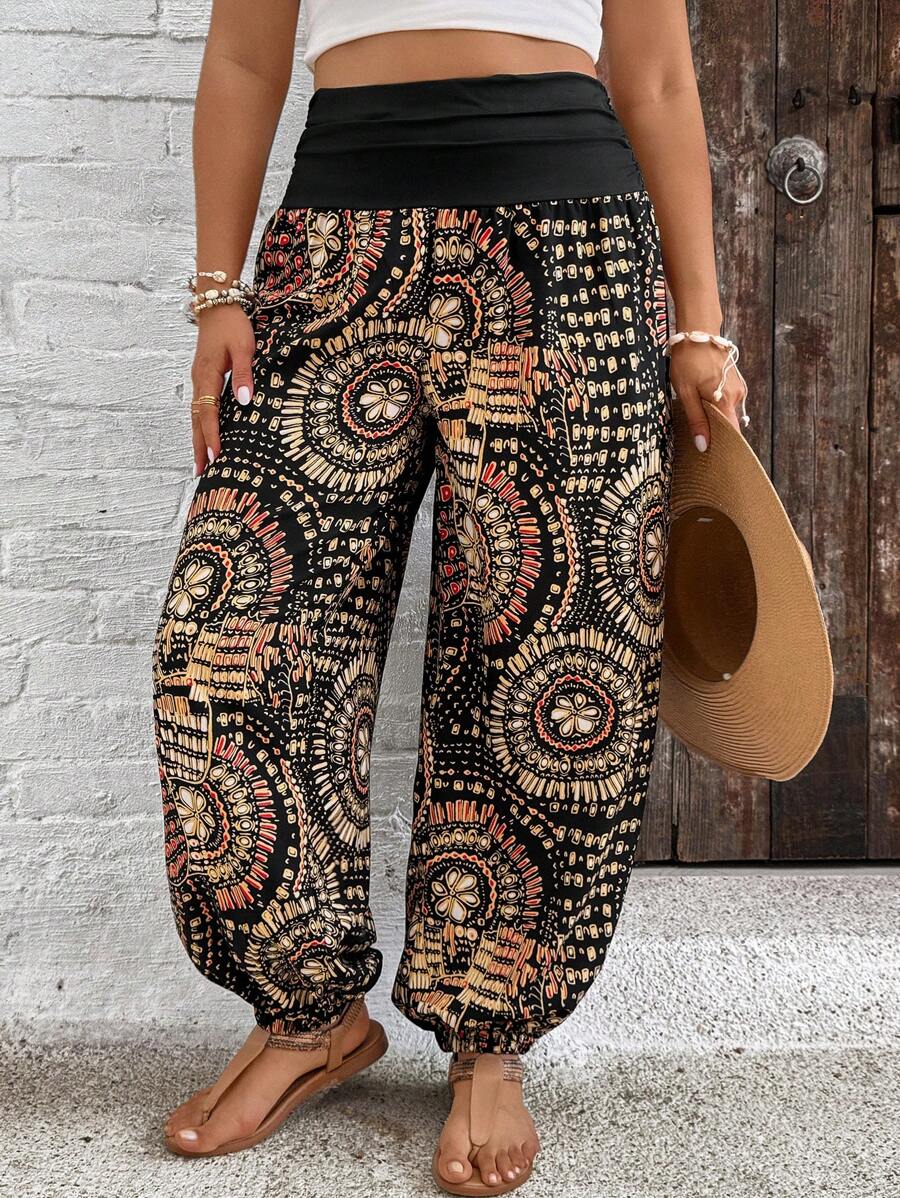 SHEIN VCAY Plus Size Casual Holiday Fashion High Waist Patterned Pants - Multicolor - View 1