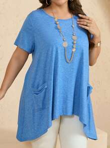 EMERY ROSE Lässiges T-Shirt in Übergröße mit minimalistischer Tasche und asymmetrischem Saum, kurzärmelig, Sommer-Tunika-Oberteil