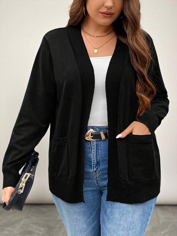 SHEIN LUNE Plus Solid Dual Pocket Cardigan For Spring & Autumn, For Winter