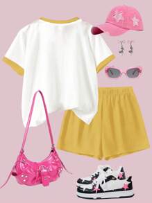 SHEIN Leap Crew Bộ 2 món áo ngắn tay tối giản thường ngày và quần short cho bé gái tuổi teen, phù hợp cho mùa hè - Nhiều màu - Xem 2