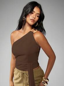 MISSGUIDED ملابس علوية كاجوال حفلات مساء ارتداء الصيف المنتجع، ذات كتف واحد بتفصيل خاتم الجانب رابط جانبي ، قماش خيزران مطرح جانبي غير متماثل الياقة - قهوة بني - مشاهدة 3