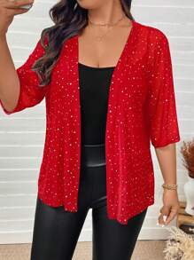 SHEIN LUNE Áo khoác lưới mỏng đính đá Rhinestone cỡ lớn cho nữ dự tiệc Lễ Tạ ơn năm mới, tiệc Giáng sinh, áo sequin, áo đi chơi đêm giao thừa, trang phục công sở, năm mới, tiệc tùng, trang phục thường ngày cho phụ nữ, phong cách quý tộc, ngày lễ tình nhân, tình yêu/người yêu - Đỏ - Xem 6