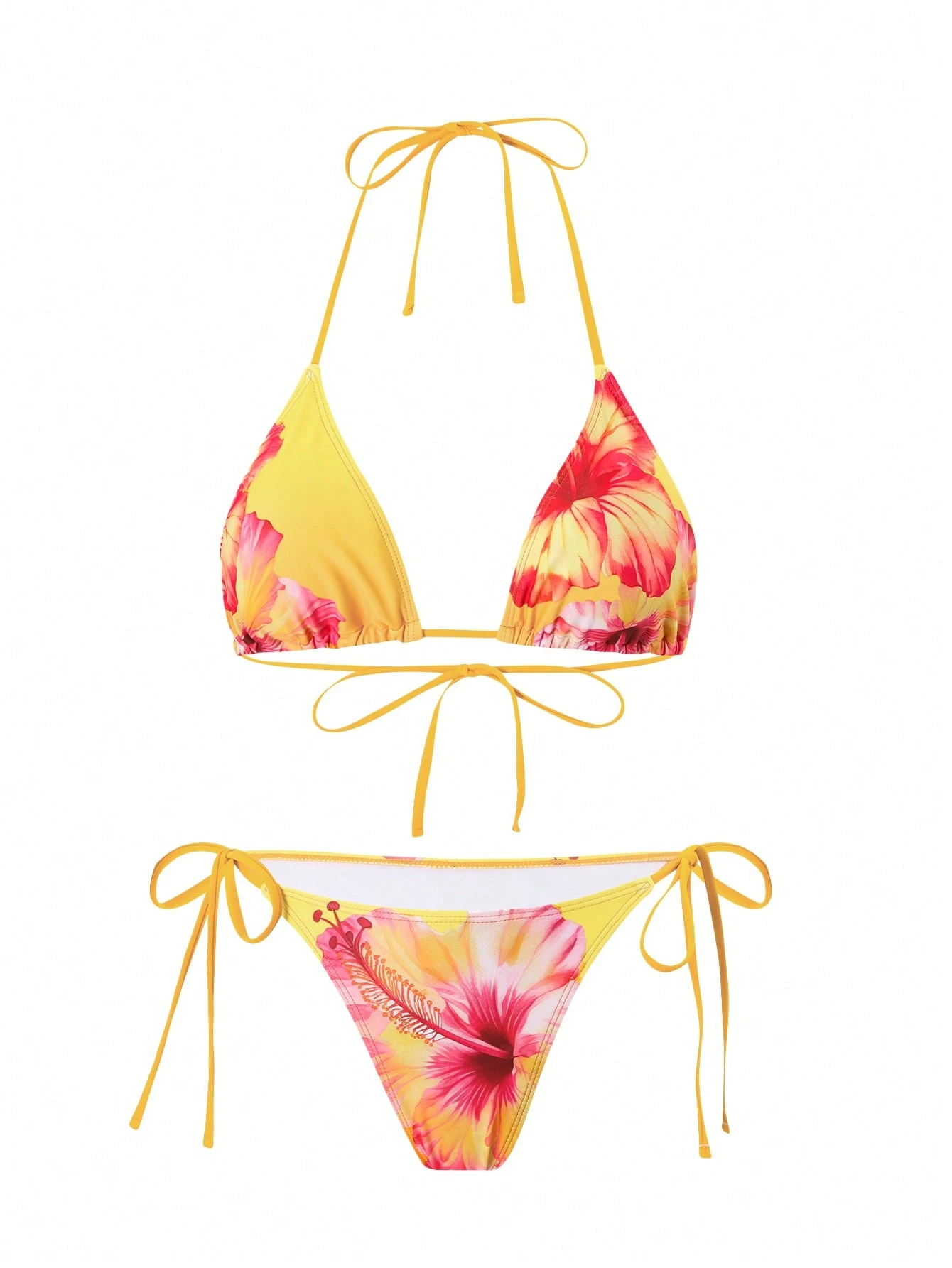 Swim Oasis 3 Peças Conjunto de Maiô Bikini Estilo Casual de Praia de Verão para Mulheres com Estampa Floral 3D e Vestido de Malha Torcida para Praia, Maiô Estilo Boêmio - Amarelo - Visão 3
