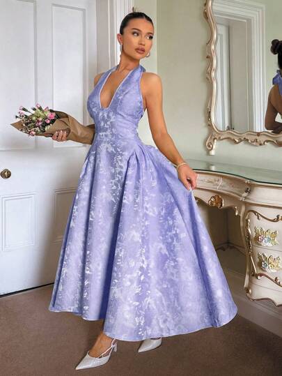 Glamine Vestito da donna vintage con scollo a V, senza maniche, con decorazione floreale a rilievo 3D e gonna svasata