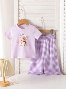 SHEIN 2件組女嬰幼兒新生兒0-3歲休閒可愛熊圖案短袖T恤與長褲套裝，春/夏 - 紫色 - 查看 2