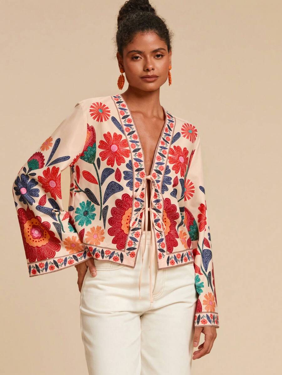 Travachic Beige Floral Women's Autumn Boho Vacation Holiday Blouse,Loose Long Sleeve Woven Graphic Printed,Front Center Rope Strap,Bohemia Beach,Western Style - Multicolor - View 1