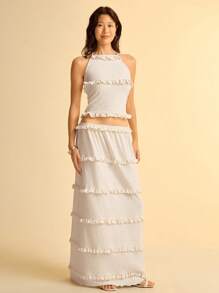 CAJUNI Women's Solid Color Elastic Waist Ruffle Hem Skirt - White - View 5