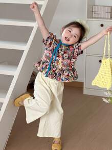 DAZY 2pcs/Set Young Girl Floral Print Puff Sleeve Top With Ruffle Hem And Pants,Girls Summer Outfits