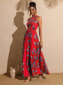 Vesra 女士简约印花开衩下摆休闲连衣裙 - 紅色 - 查看 3