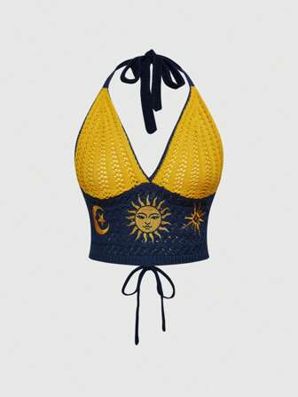 Kawaii Women Sun & Moon Pattern Colorblock Knit Sweater, Hippie Style For Summer