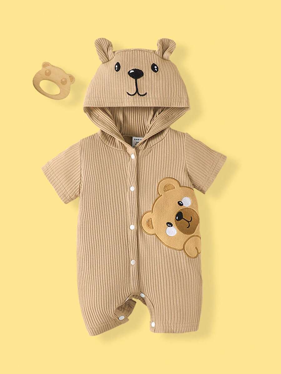SHEIN 男嬰熊圖案條紋針織3D耳朵設計連帽連身短褲 - 棕色 - 查看 1