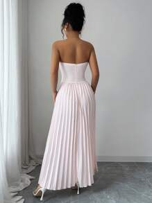 Elenzga Vestido de verano elegante sin tirantes de unicolor con pliegues y sin mangas para mujer - Rosa Pálido - Ver 2