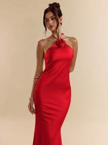 SHEIN BAE 春夏绿色性感细肩带无袖碎花加长缎面鱼尾连衣裙，婚礼伴娘服，缎面连衣裙，性感连衣裙 - 紅色 - 查看 6