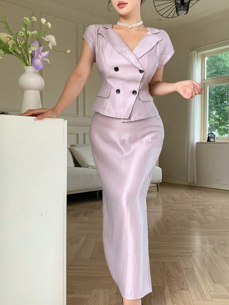 2pcs Women Business Suit: Straight Fit Blazer And Solid Color Pencil Skirt, Office/Commuting Wear For Summer Women Casual Dress Women Summer Clothes Dress Women Dresses Birthday Work Summer Dresses Women Plus Clothing Formal
